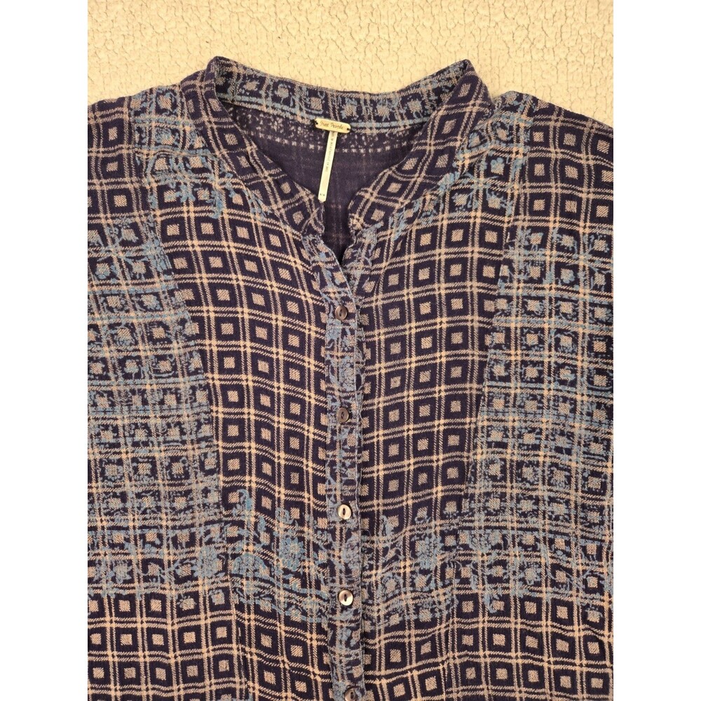 Free People Shirt Womens Medium Black Cream Caravan Plaid Floral Blouse Boho
